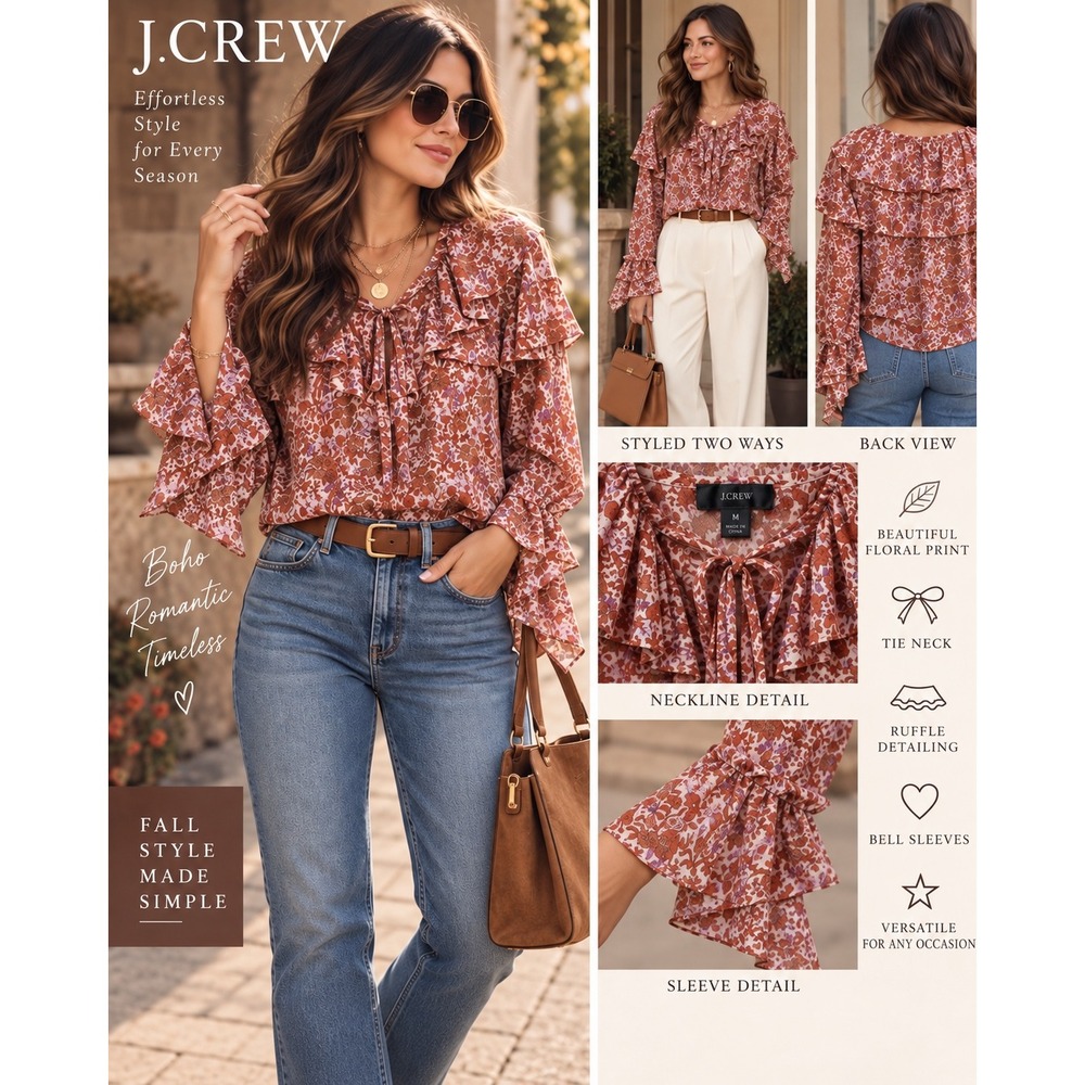 J.Crew Floral Ruffle Tie Neck Blouse Rust Orange Purple Boho Bell Sleeve Medium